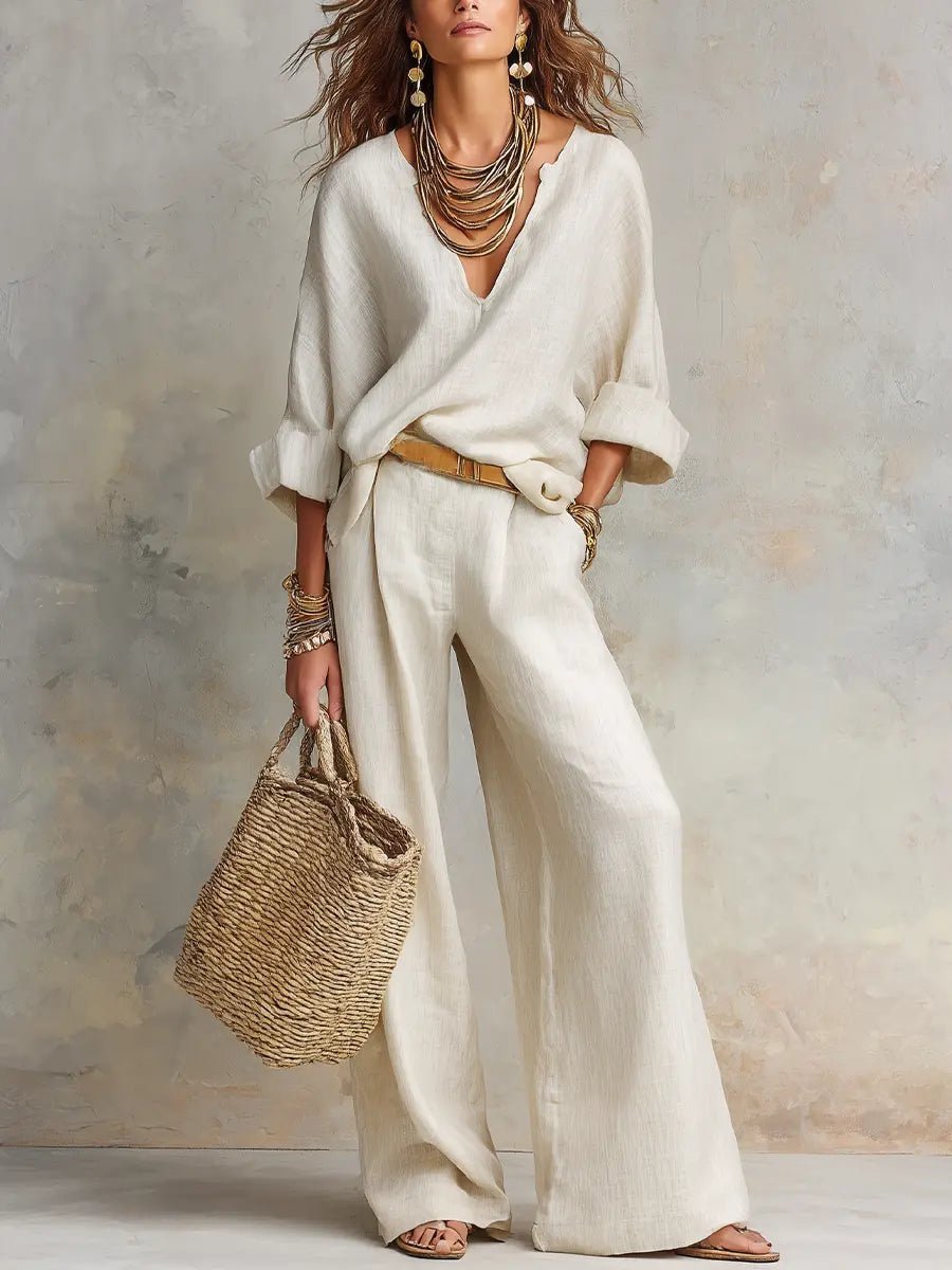 Eva | Dames Linnen Relaxed-Fit Wide Leg Pants Tweedelig Set V-hals