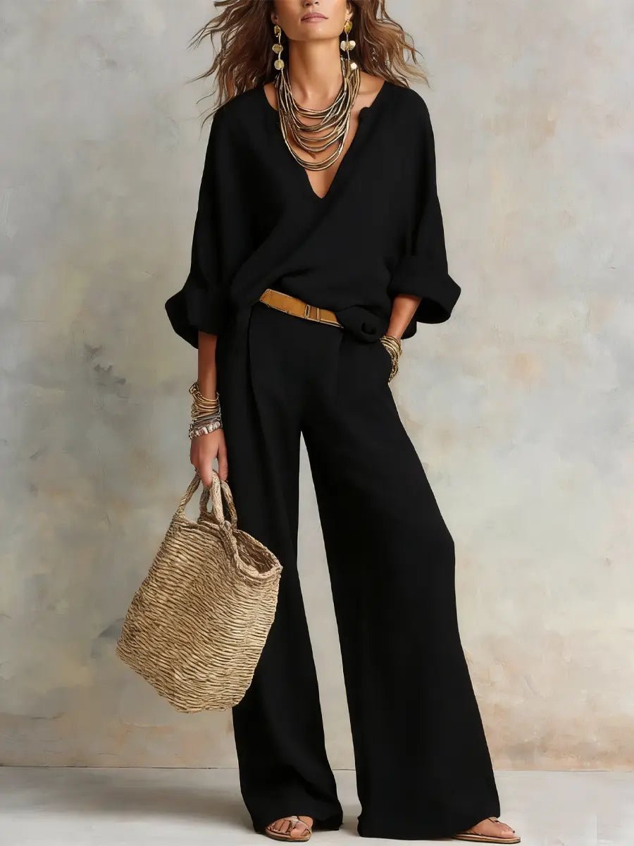 Eva | Dames Linnen Relaxed-Fit Wide Leg Pants Tweedelig Set V-hals