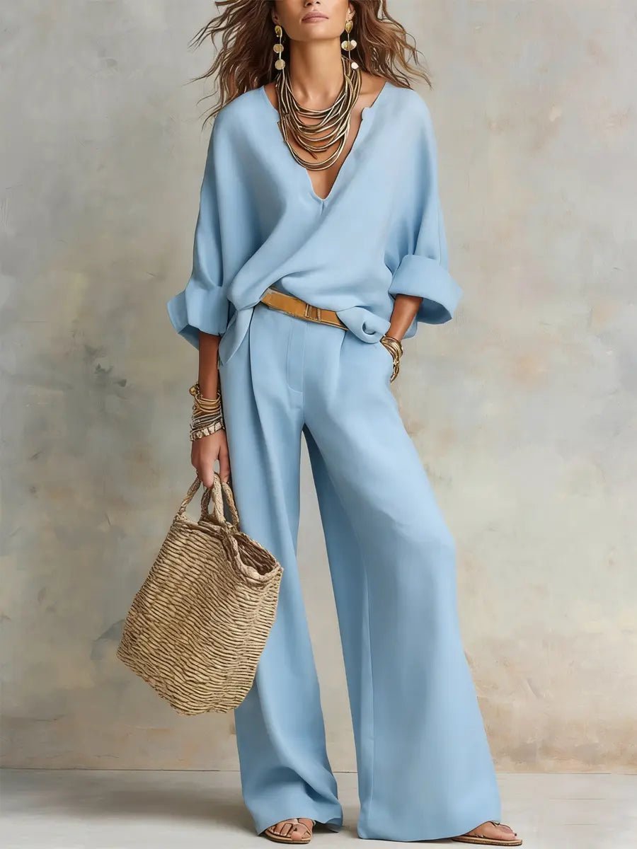 Eva | Dames Linnen Relaxed-Fit Wide Leg Pants Tweedelig Set V-hals