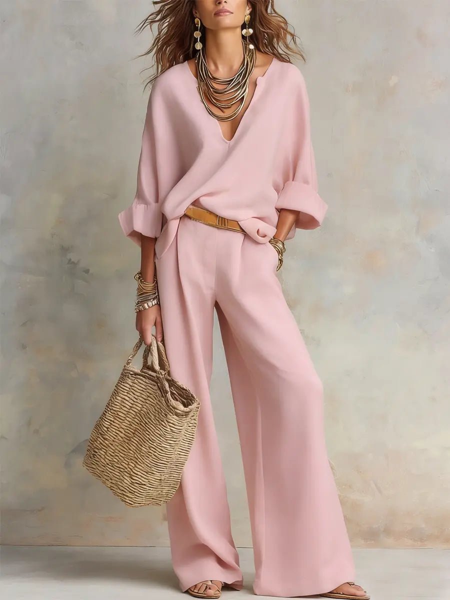 Eva | Dames Linnen Relaxed-Fit Wide Leg Pants Tweedelig Set V-hals