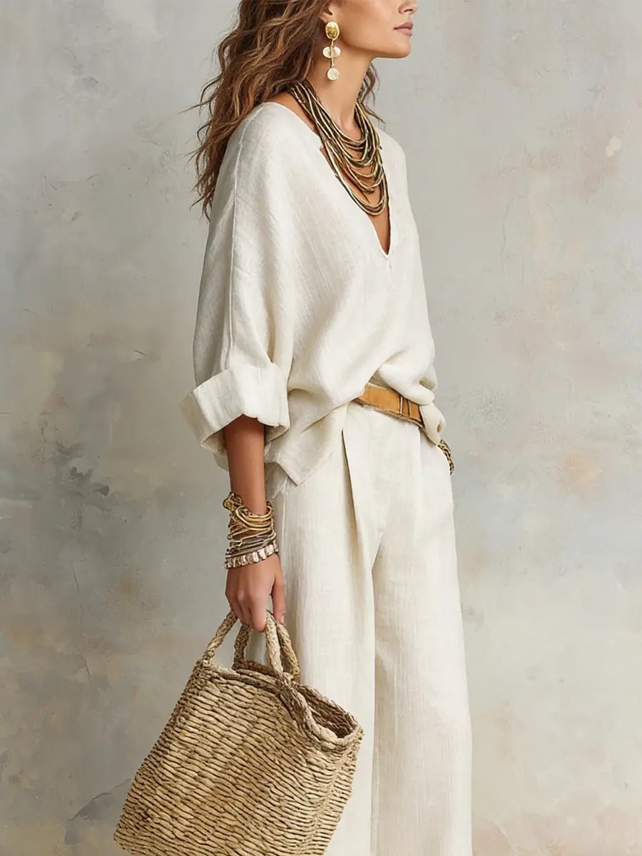 Eva | Dames Linnen Relaxed-Fit Wide Leg Pants Tweedelig Set V-hals