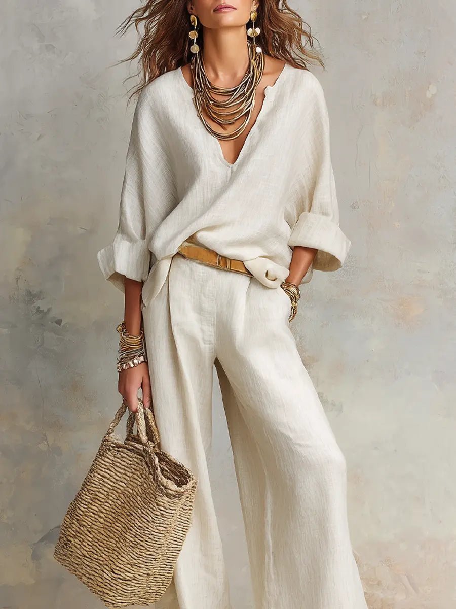 Eva | Dames Linnen Relaxed-Fit Wide Leg Pants Tweedelig Set V-hals
