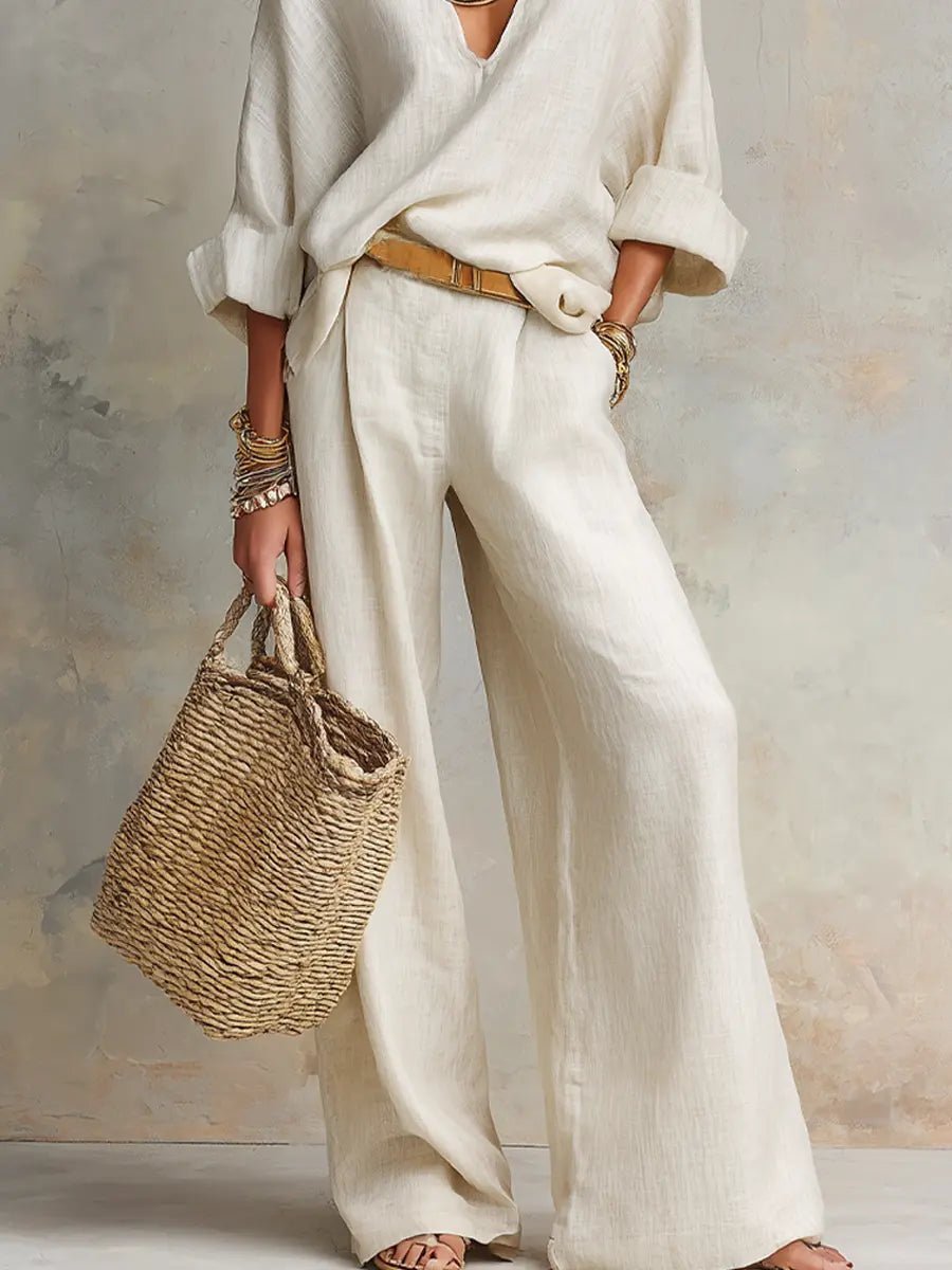 Eva | Dames Linnen Relaxed-Fit Wide Leg Pants Tweedelig Set V-hals