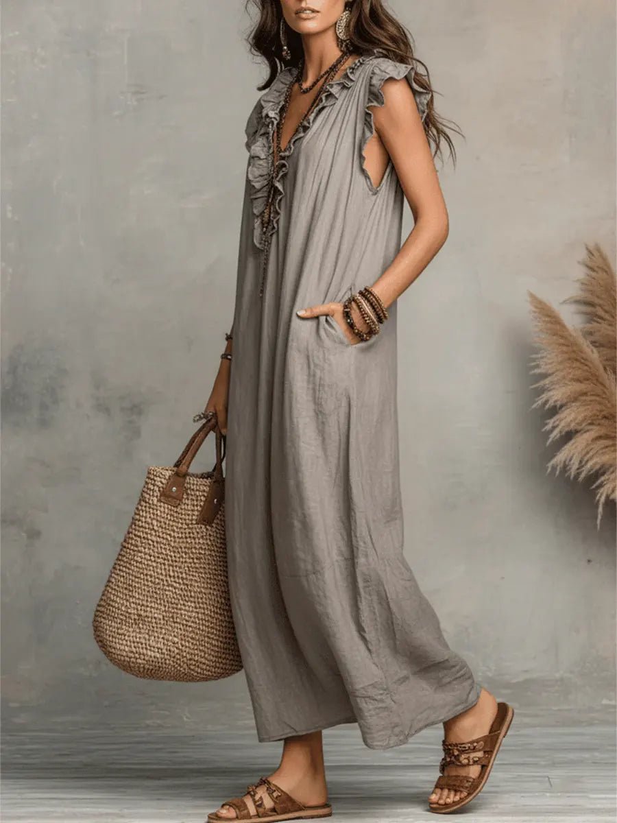 Fleur | Dames Linnen Ruffle V-hals Maxi Jurk