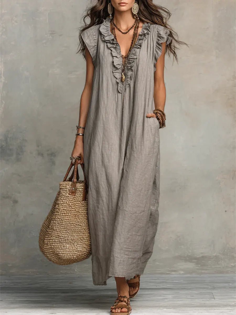 Fleur | Dames Linnen Ruffle V-hals Maxi Jurk