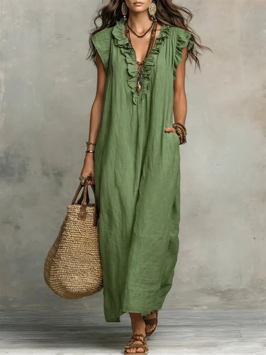 Fleur | Dames Linnen Ruffle V-hals Maxi Jurk