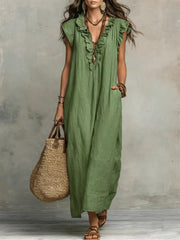 Fleur | Dames Linnen Ruffle V-hals Maxi Jurk
