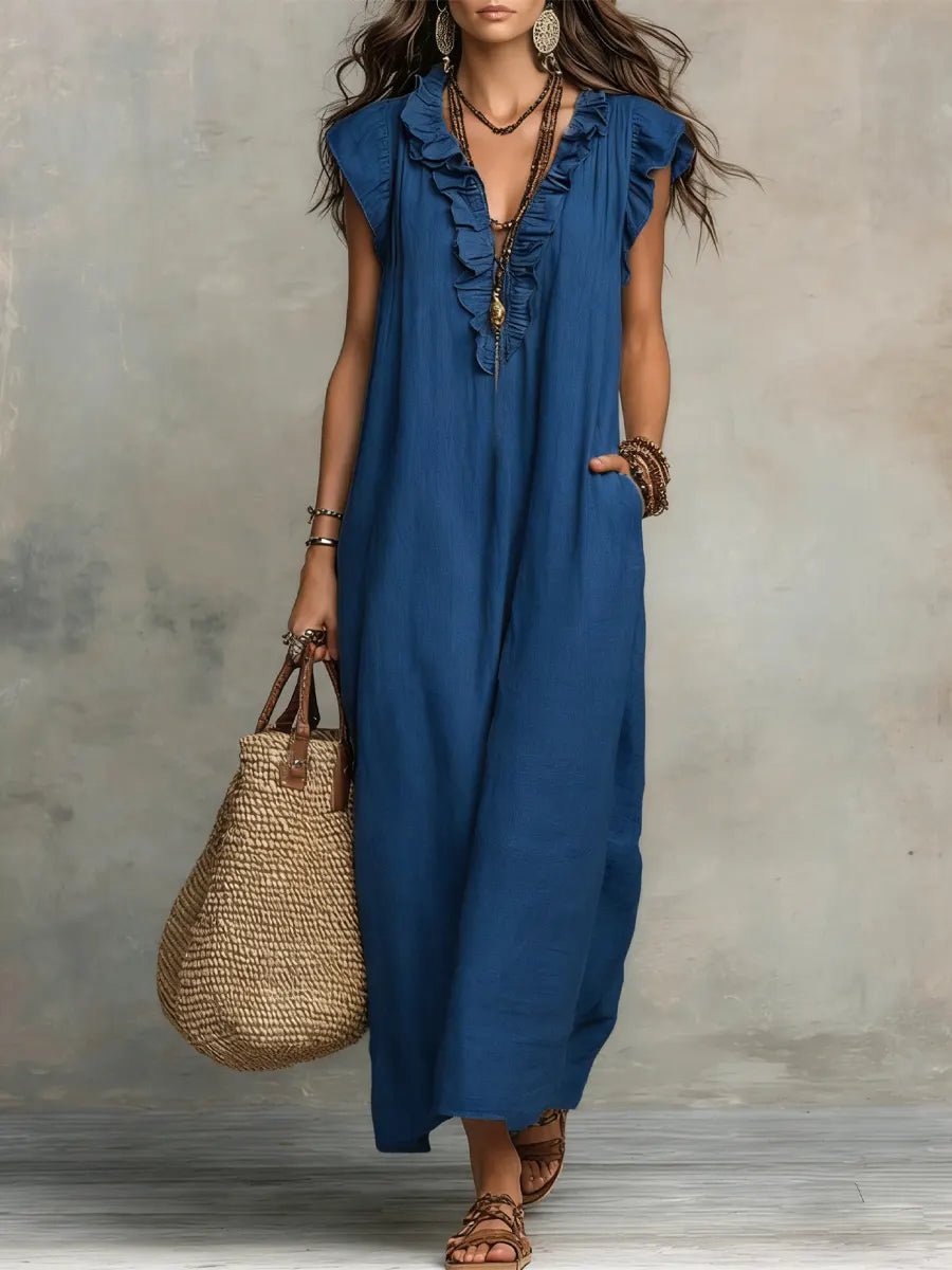 Fleur | Dames Linnen Ruffle V-hals Maxi Jurk