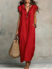 Fleur | Dames Linnen Ruffle V-hals Maxi Jurk