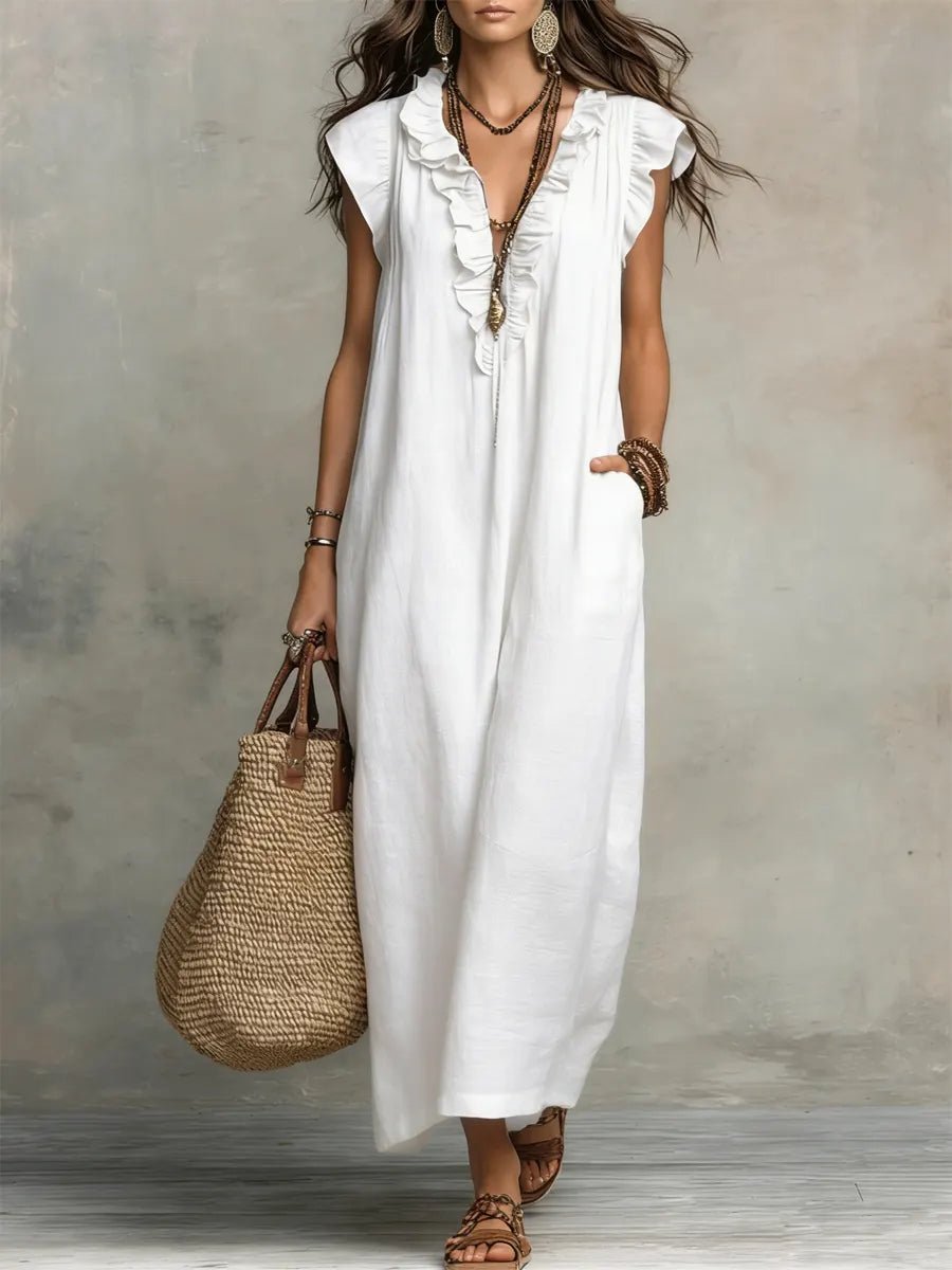 Fleur | Dames Linnen Ruffle V-hals Maxi Jurk