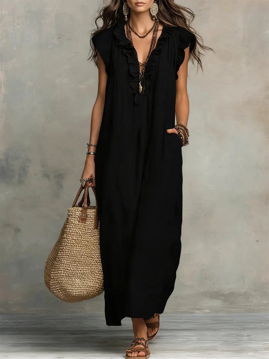 Fleur | Dames Linnen Ruffle V-hals Maxi Jurk