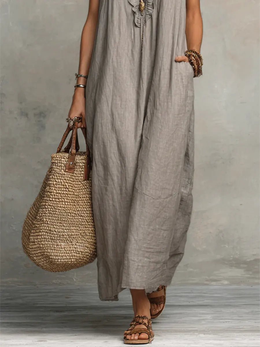 Fleur | Dames Linnen Ruffle V-hals Maxi Jurk