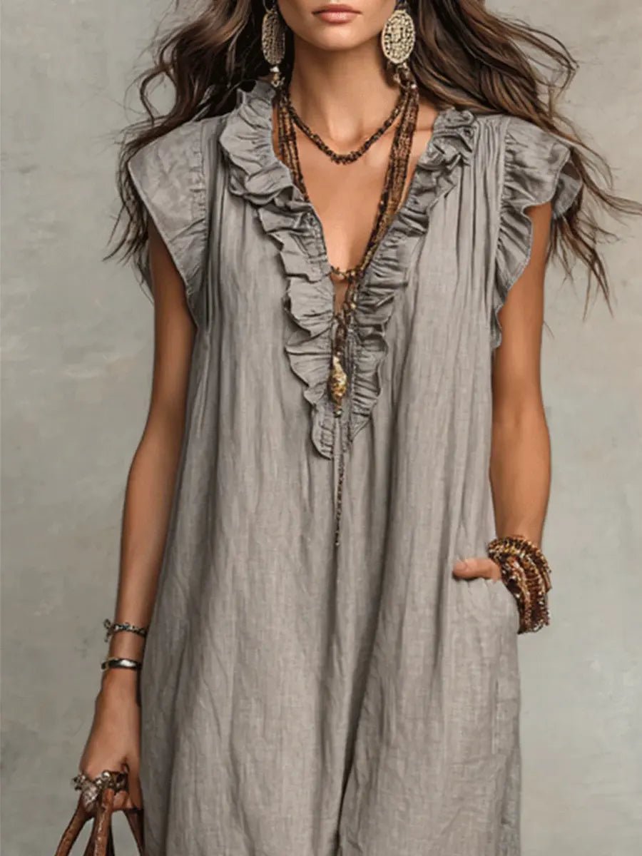 Fleur | Dames Linnen Ruffle V-hals Maxi Jurk