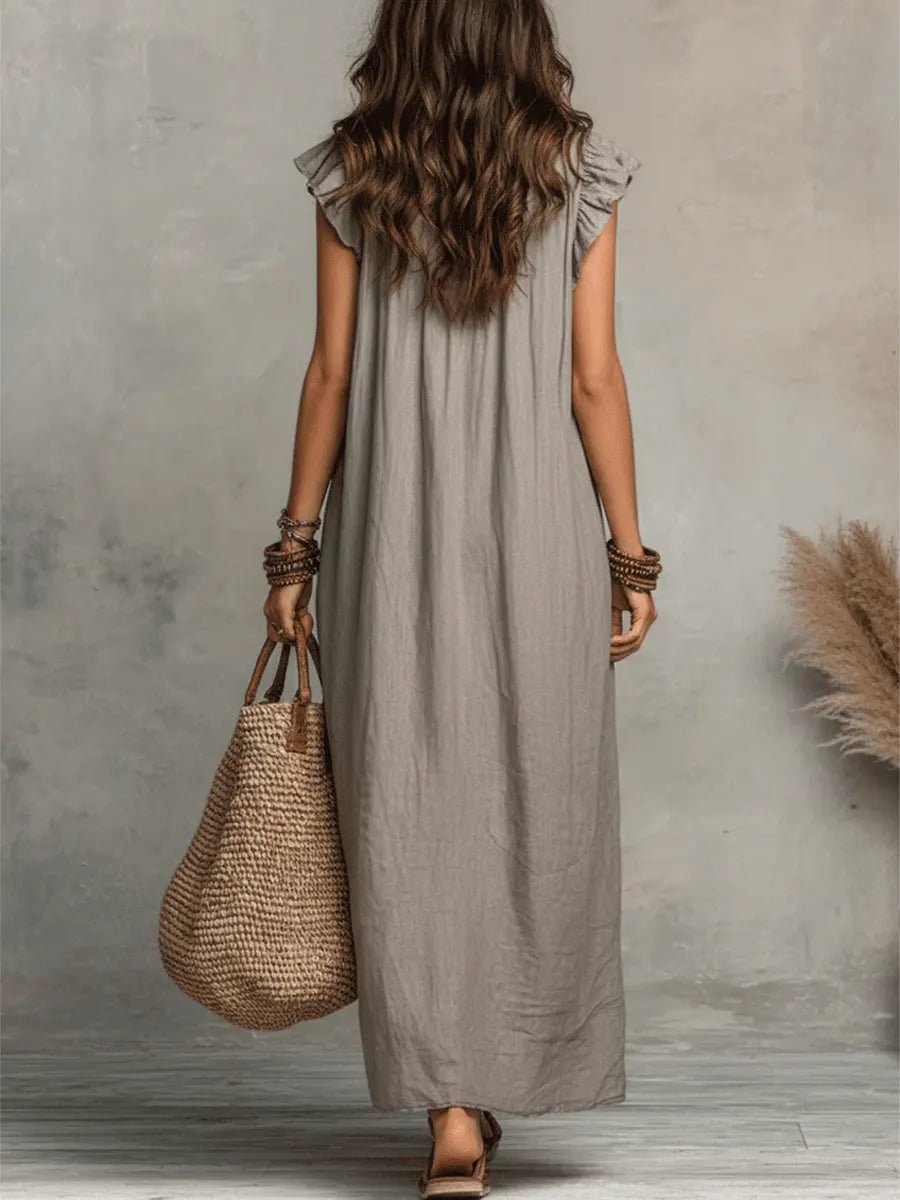 Fleur | Dames Linnen Ruffle V-hals Maxi Jurk