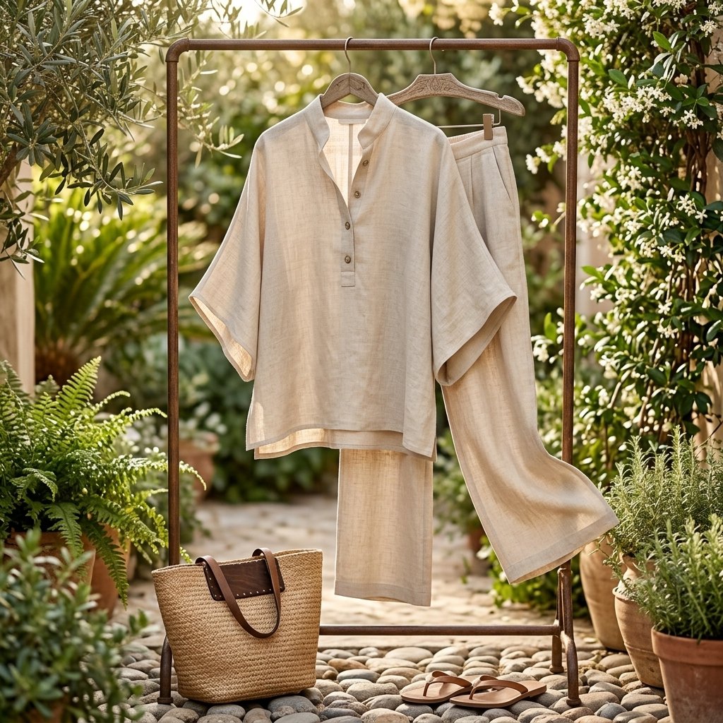 Nora | Dames Linnen Set Kimono Mouwen Mandarin Kraag Wijde Pijpen