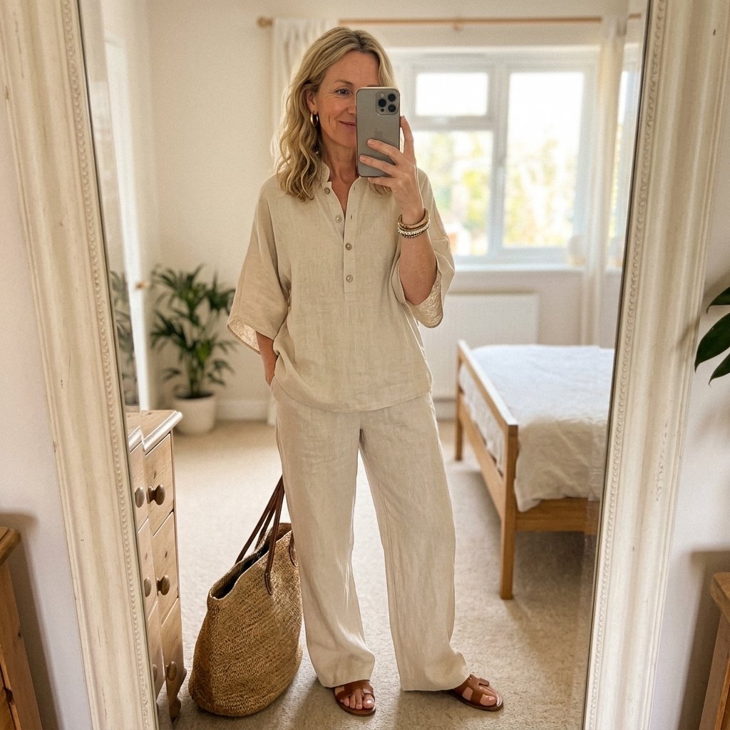 Nora | Dames Linnen Set Kimono Mouwen Mandarin Kraag Wijde Pijpen