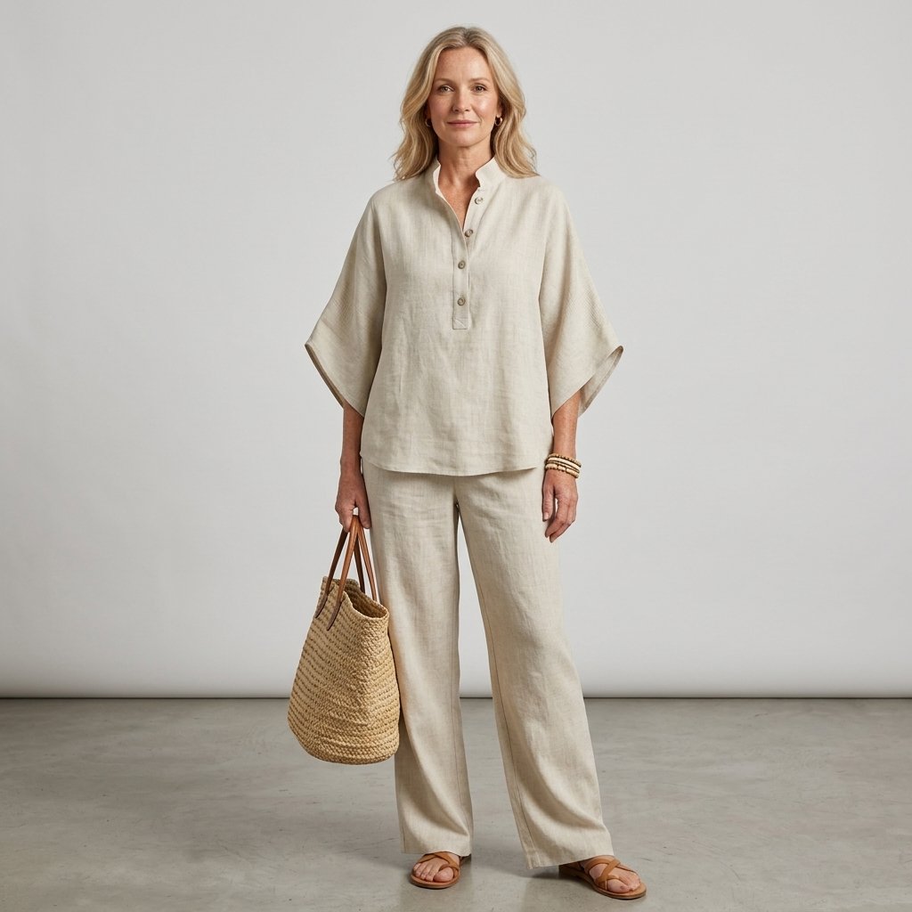 Nora | Dames Linnen Set Kimono Mouwen Mandarin Kraag Wijde Pijpen
