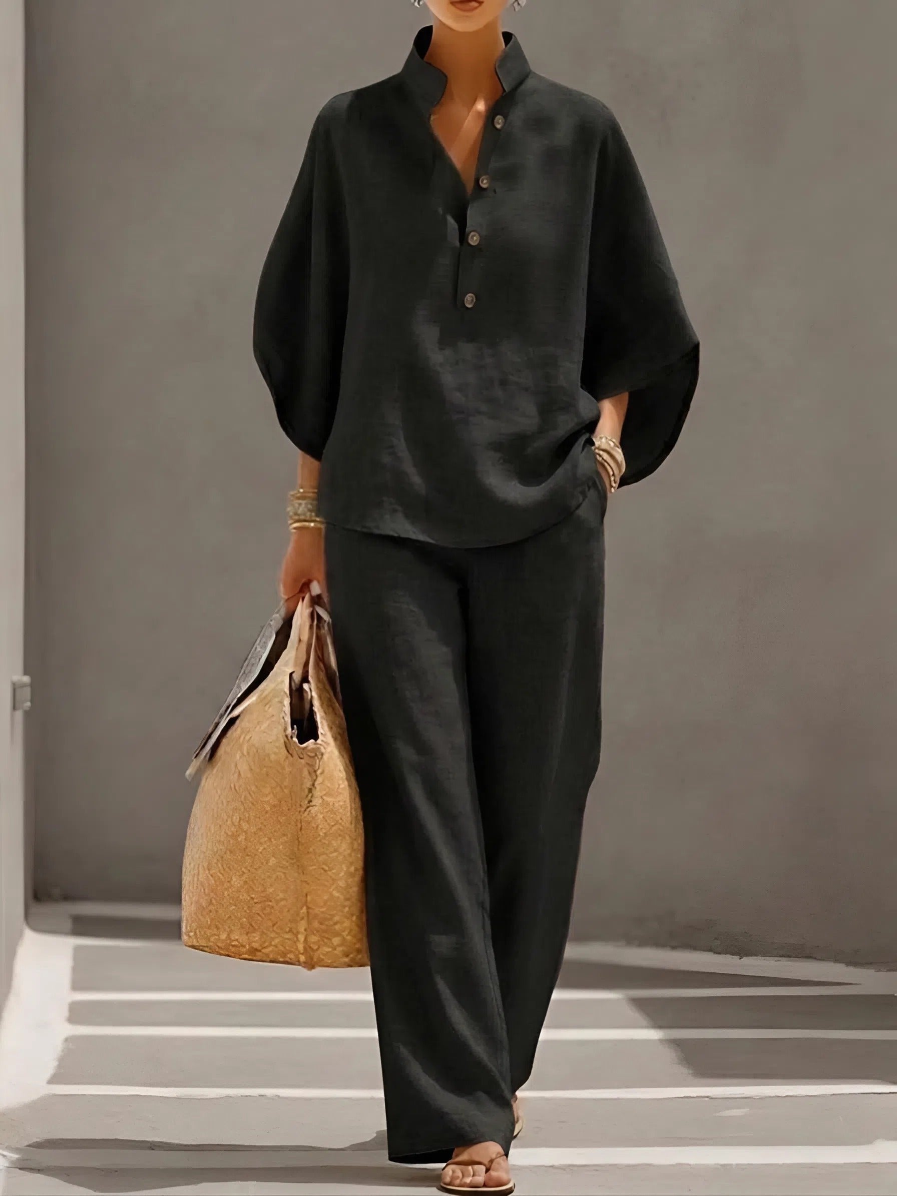 Nora | Dames Linnen Set Kimono Mouwen Mandarin Kraag Wijde Pijpen