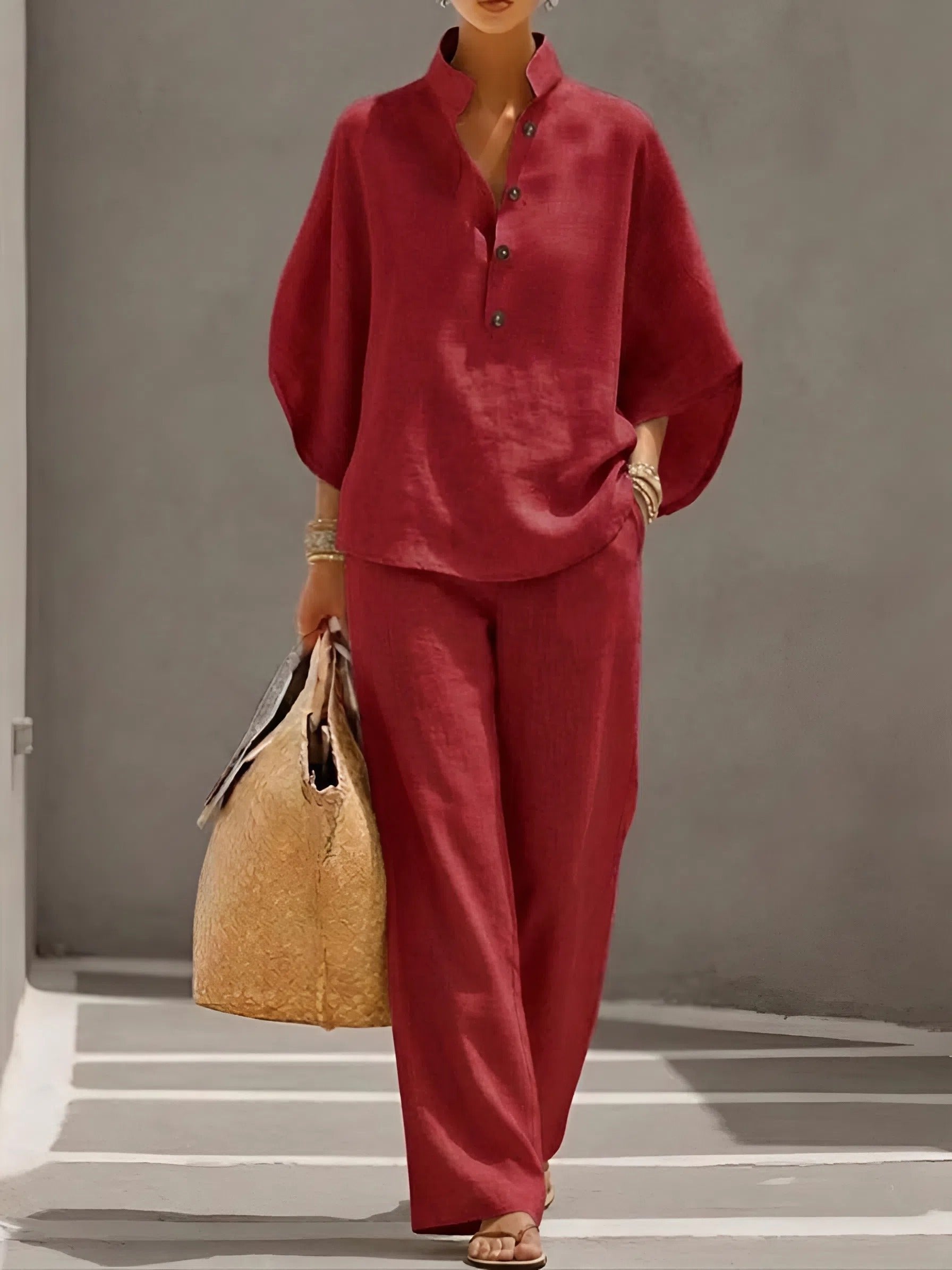 Nora | Dames Linnen Set Kimono Mouwen Mandarin Kraag Wijde Pijpen