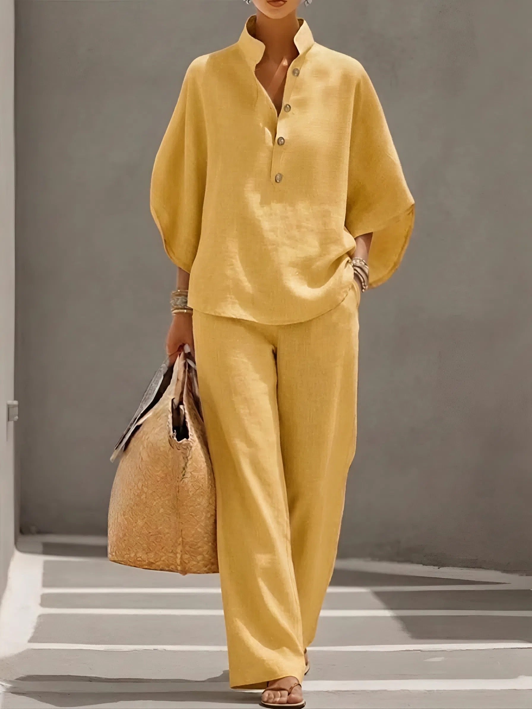 Nora | Dames Linnen Set Kimono Mouwen Mandarin Kraag Wijde Pijpen