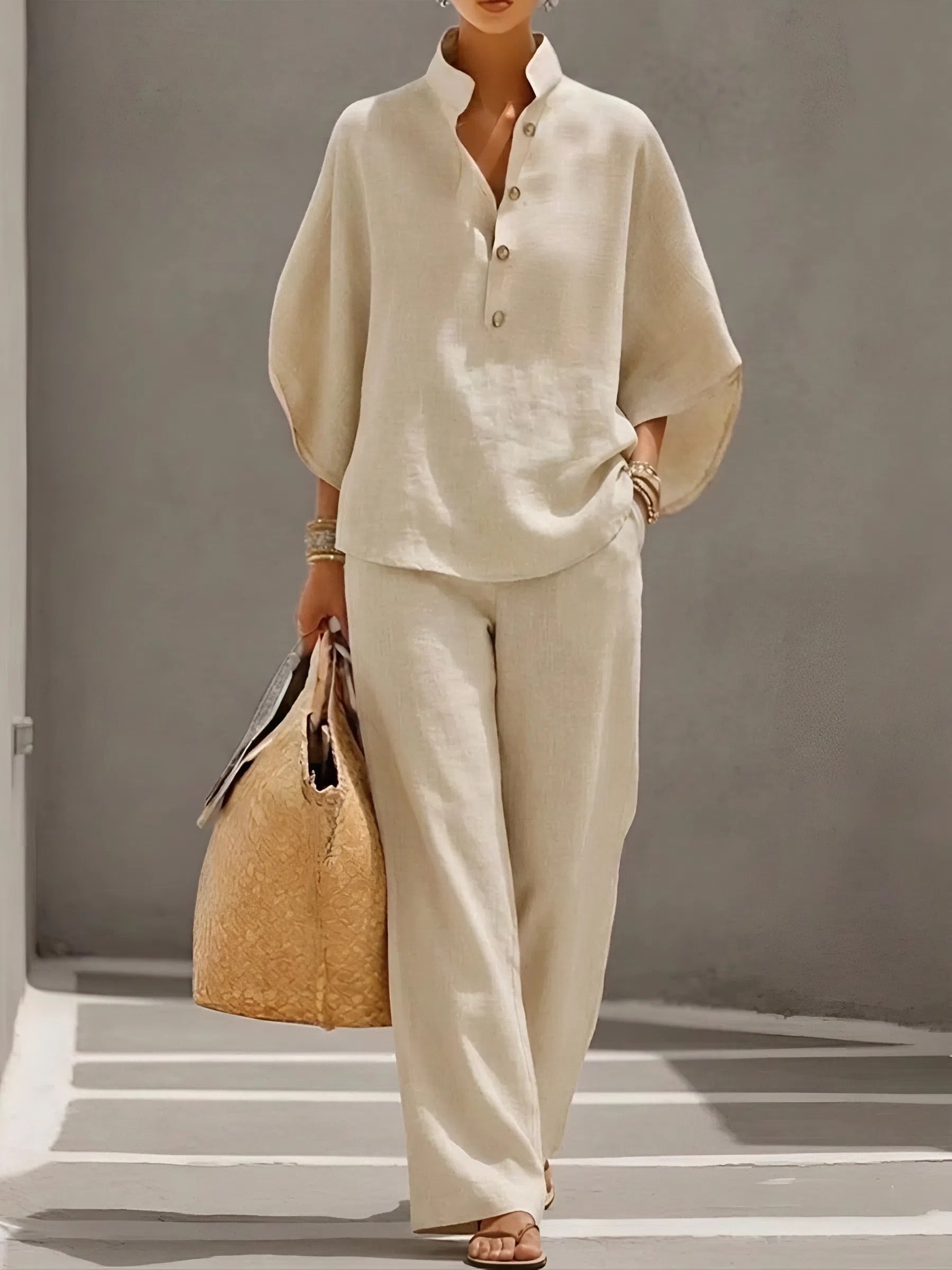 Nora | Dames Linnen Set Kimono Mouwen Mandarin Kraag Wijde Pijpen