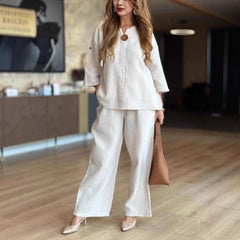 Sara | Dames Linnen Tunika Palazzo Broek Set 3/4 Mouw