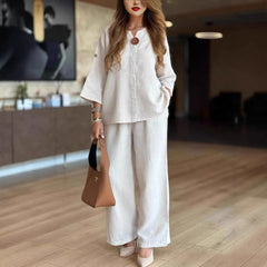 Sara | Dames Linnen Tunika Palazzo Broek Set 3/4 Mouw