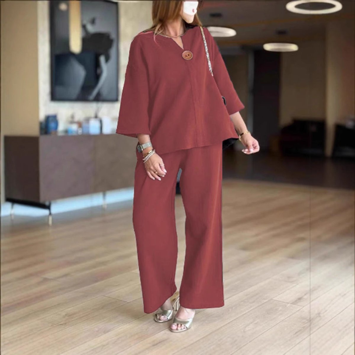 Sara | Dames Linnen Tunika Palazzo Broek Set 3/4 Mouw