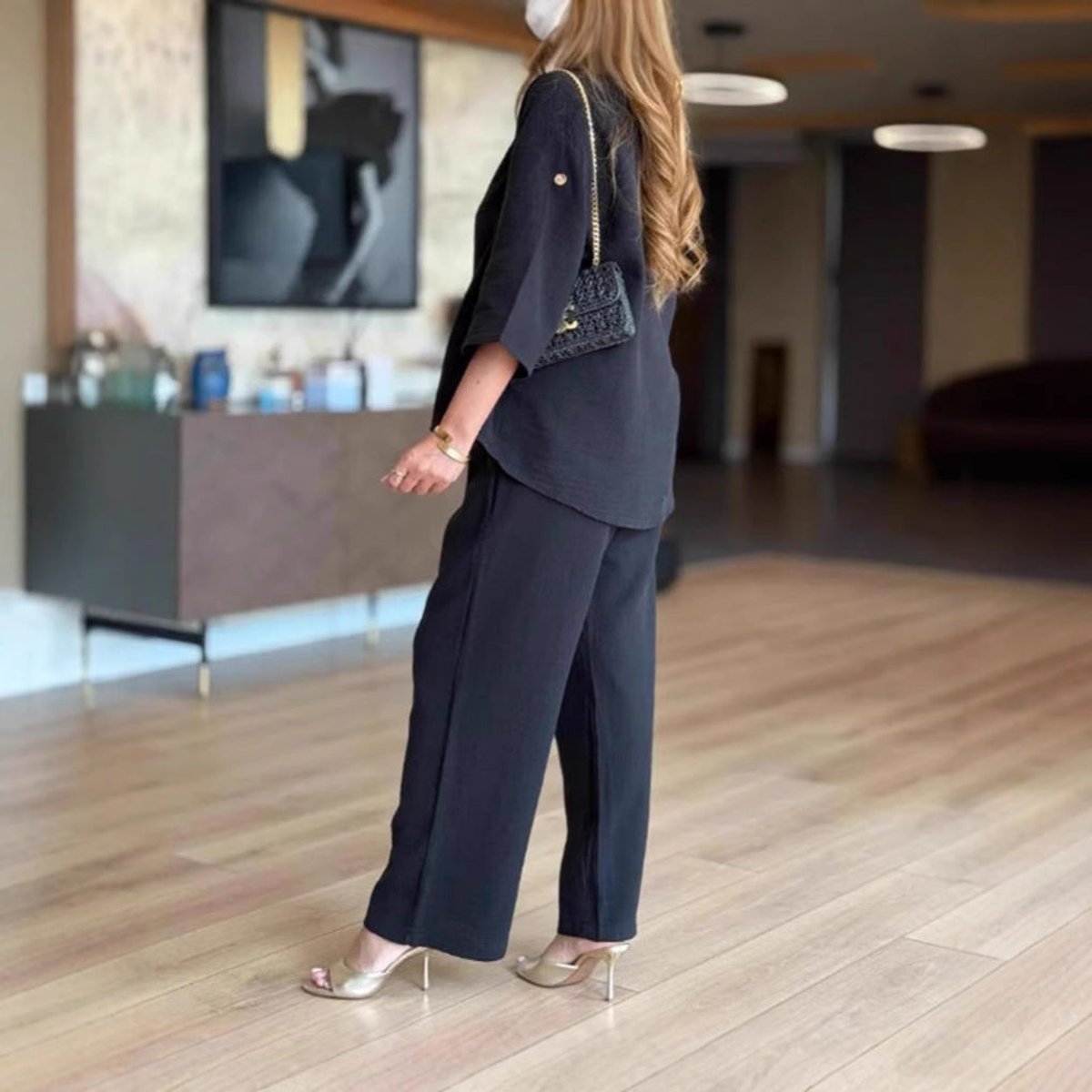 Sara | Dames Linnen Tunika Palazzo Broek Set 3/4 Mouw