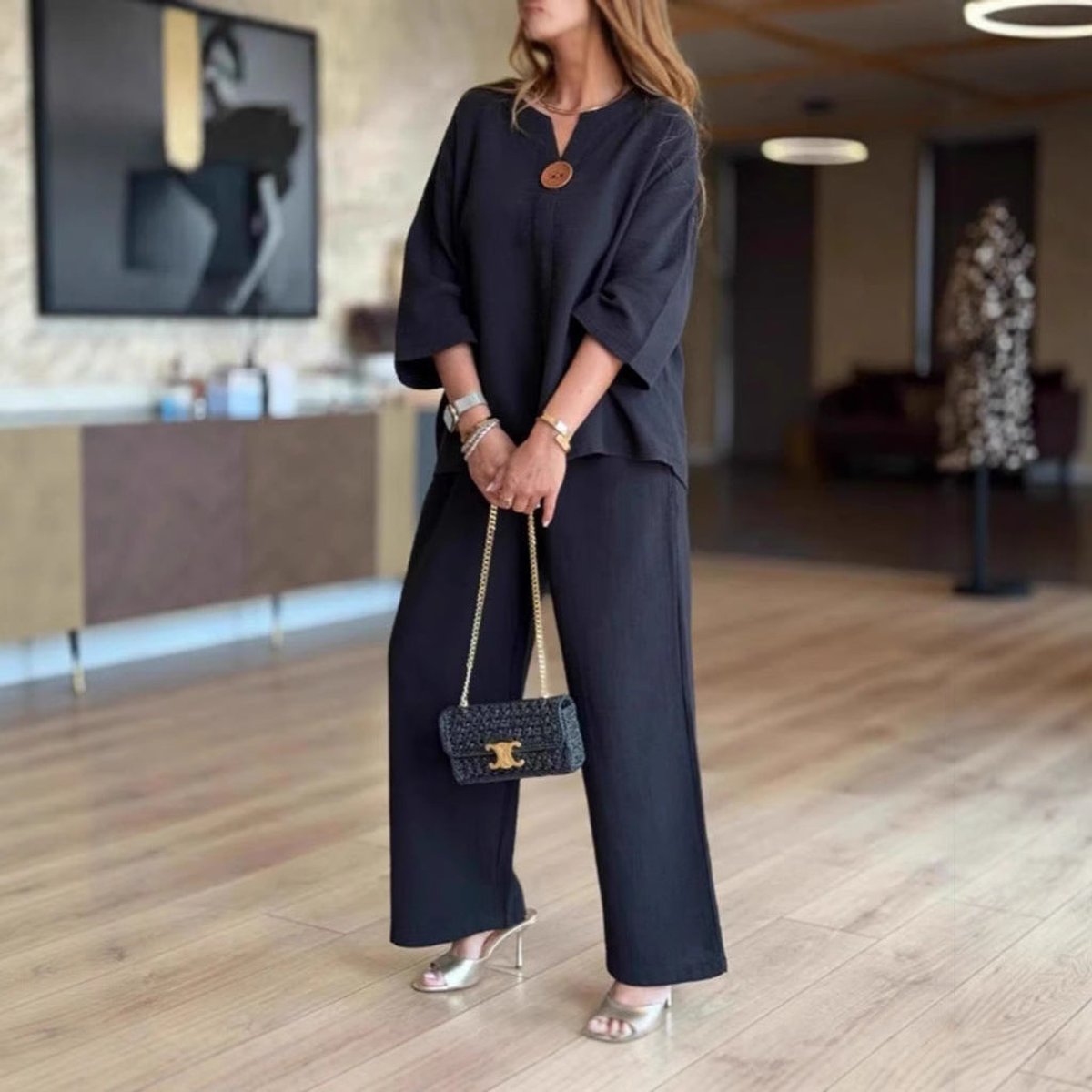Sara | Dames Linnen Tunika Palazzo Broek Set 3/4 Mouw