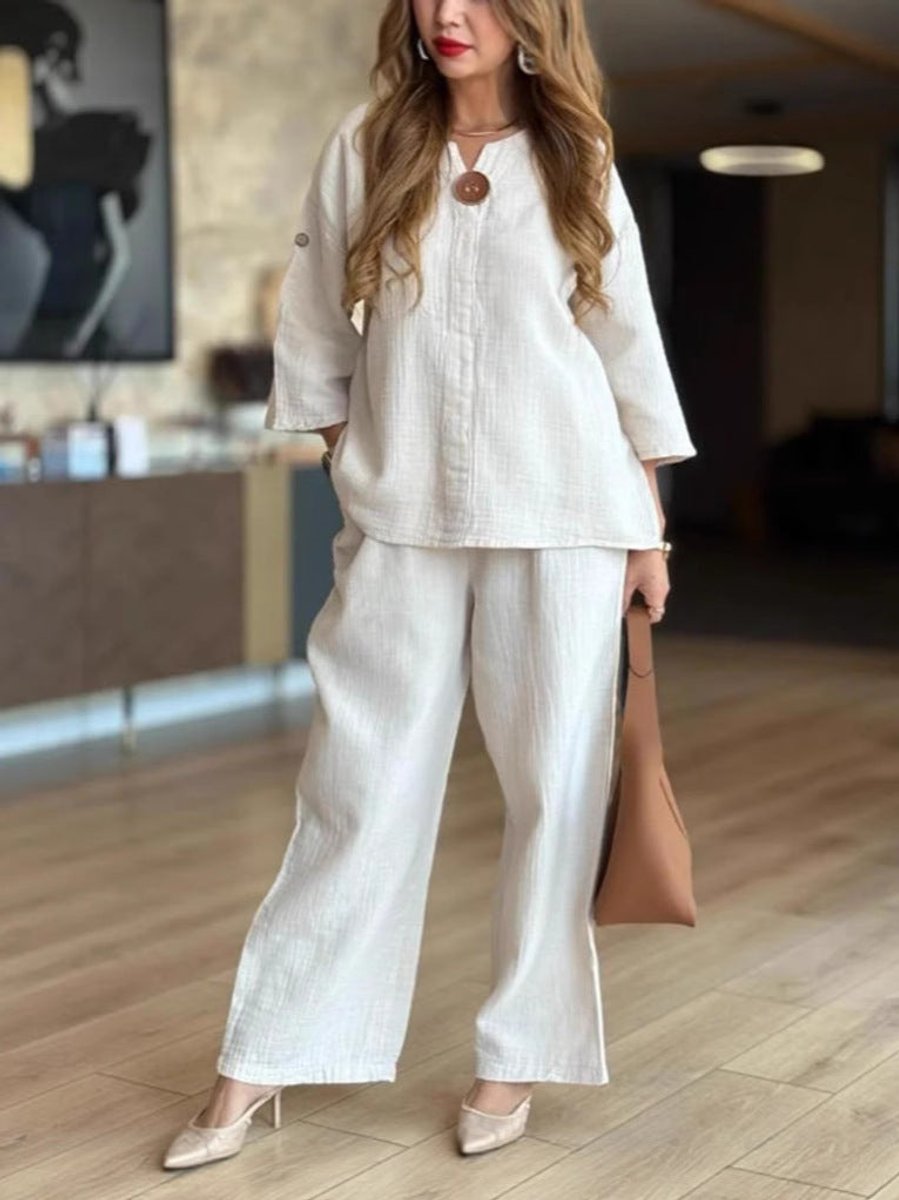Sara | Dames Linnen Tunika Palazzo Broek Set 3/4 Mouw