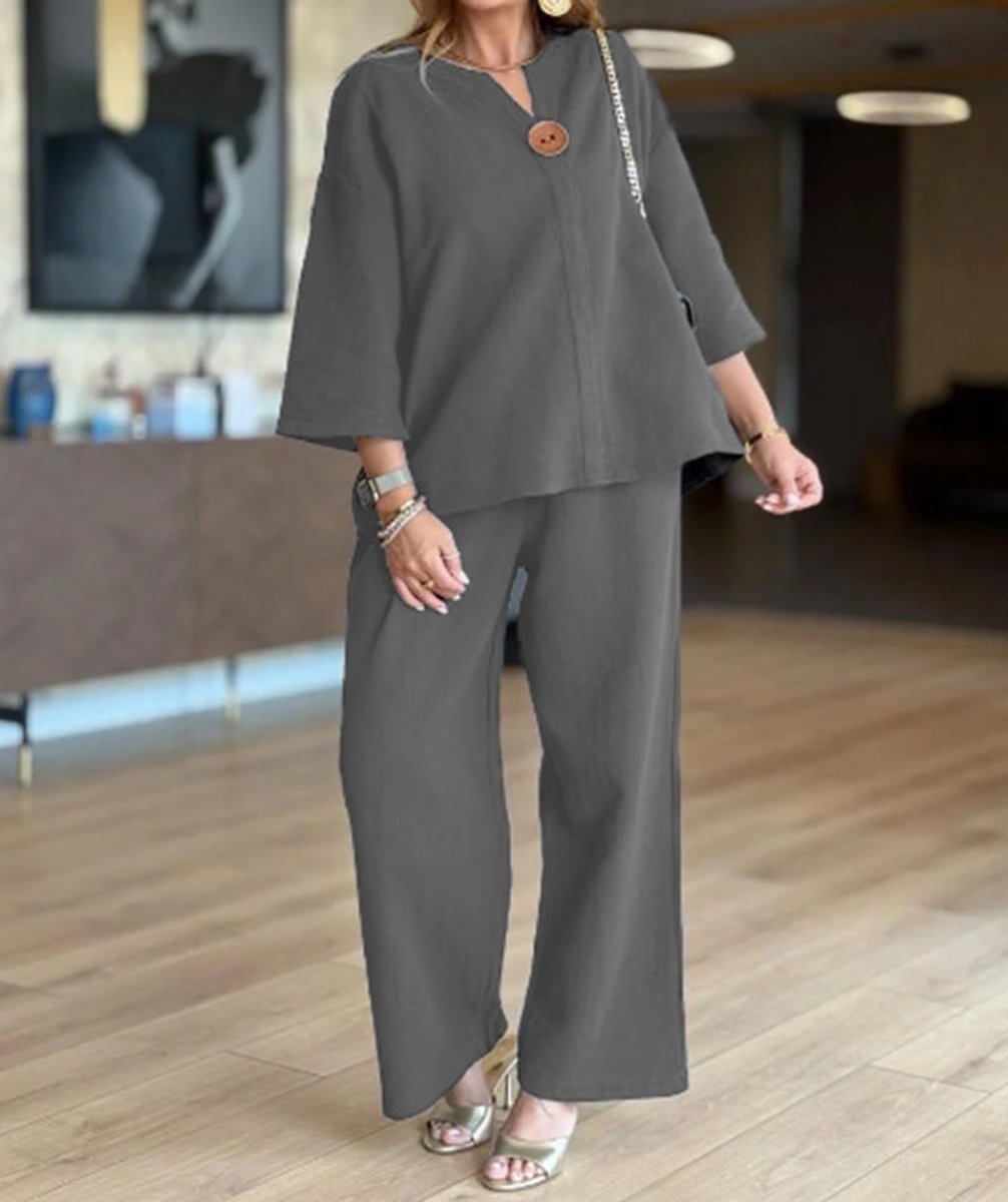 Sara | Dames Linnen Tunika Palazzo Broek Set 3/4 Mouw