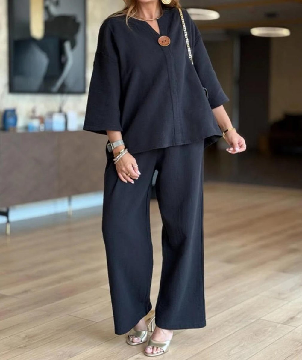 Sara | Dames Linnen Tunika Palazzo Broek Set 3/4 Mouw