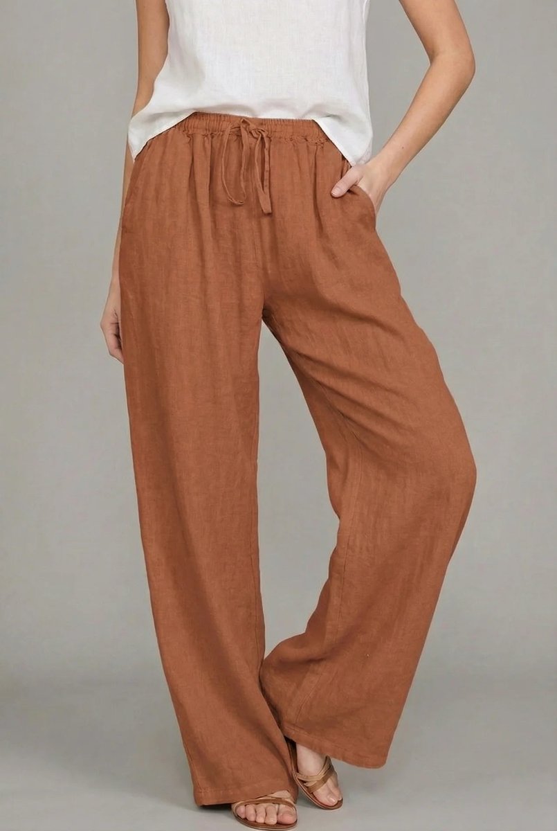 Sara | Dames Linnen Wide Leg Pants Elastische Taille Zomerbroek