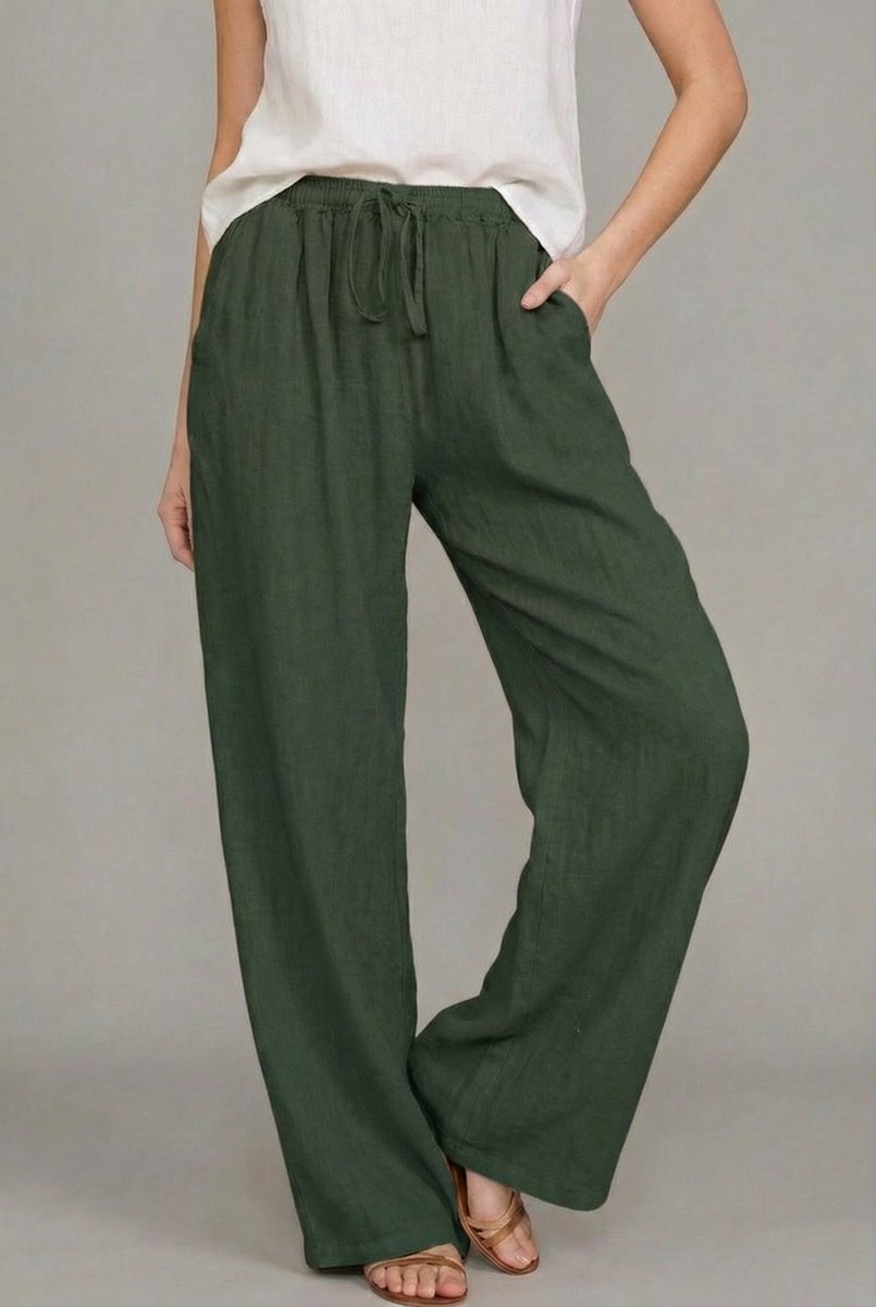 Sara | Dames Linnen Wide Leg Pants Elastische Taille Zomerbroek