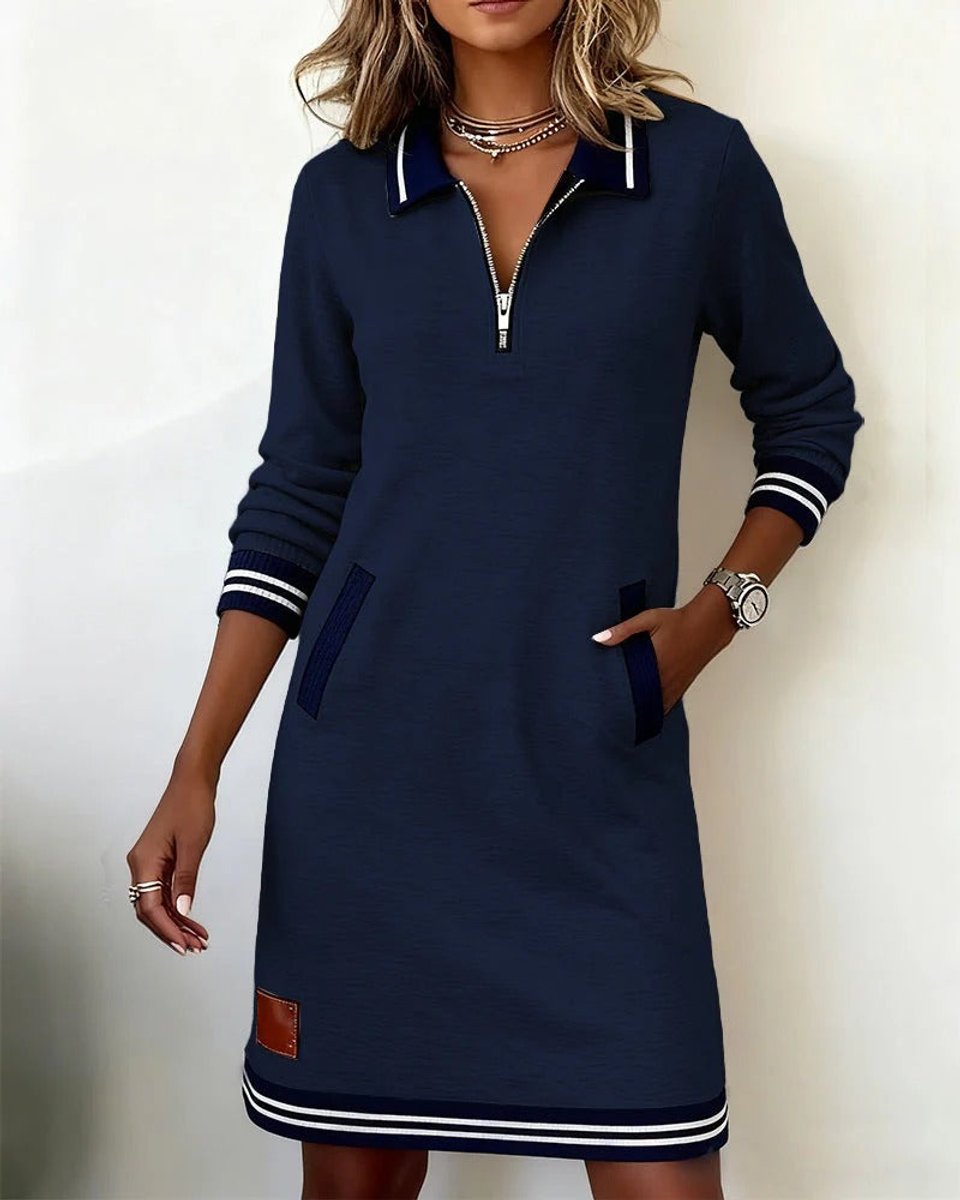 Eva | Dames Long Sleeve Dress Polo Revers Rits Zakken Midi