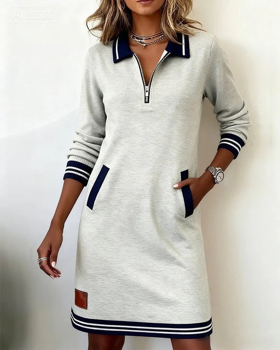 Eva | Dames Long Sleeve Dress Polo Revers Rits Zakken Midi