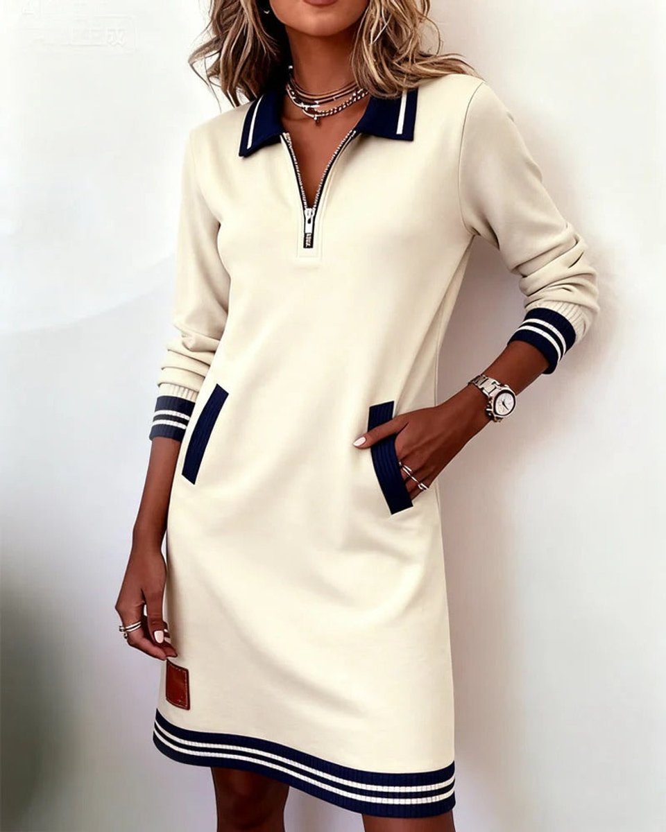 Eva | Dames Long Sleeve Dress Polo Revers Rits Zakken Midi