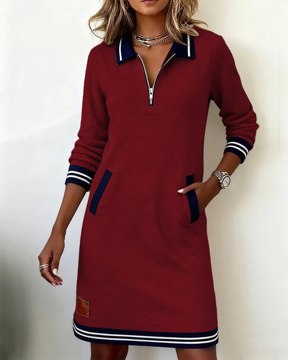 Eva | Dames Long Sleeve Dress Polo Revers Rits Zakken Midi