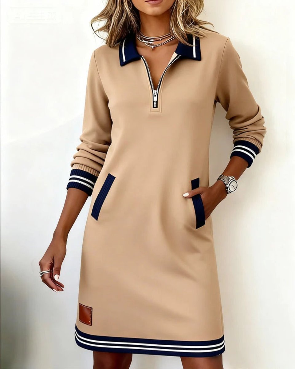 Eva | Dames Long Sleeve Dress Polo Revers Rits Zakken Midi