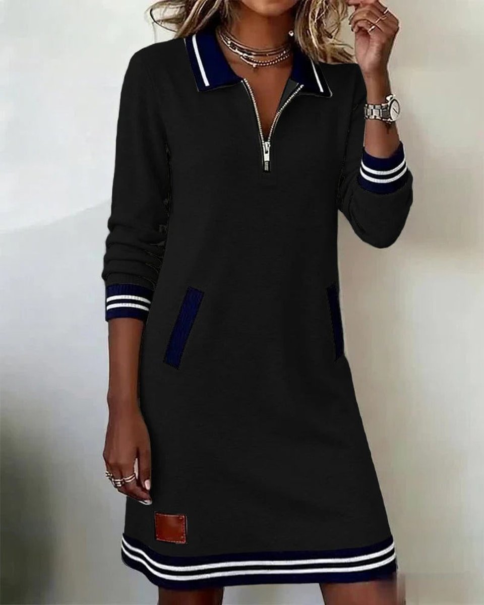 Eva | Dames Long Sleeve Dress Polo Revers Rits Zakken Midi