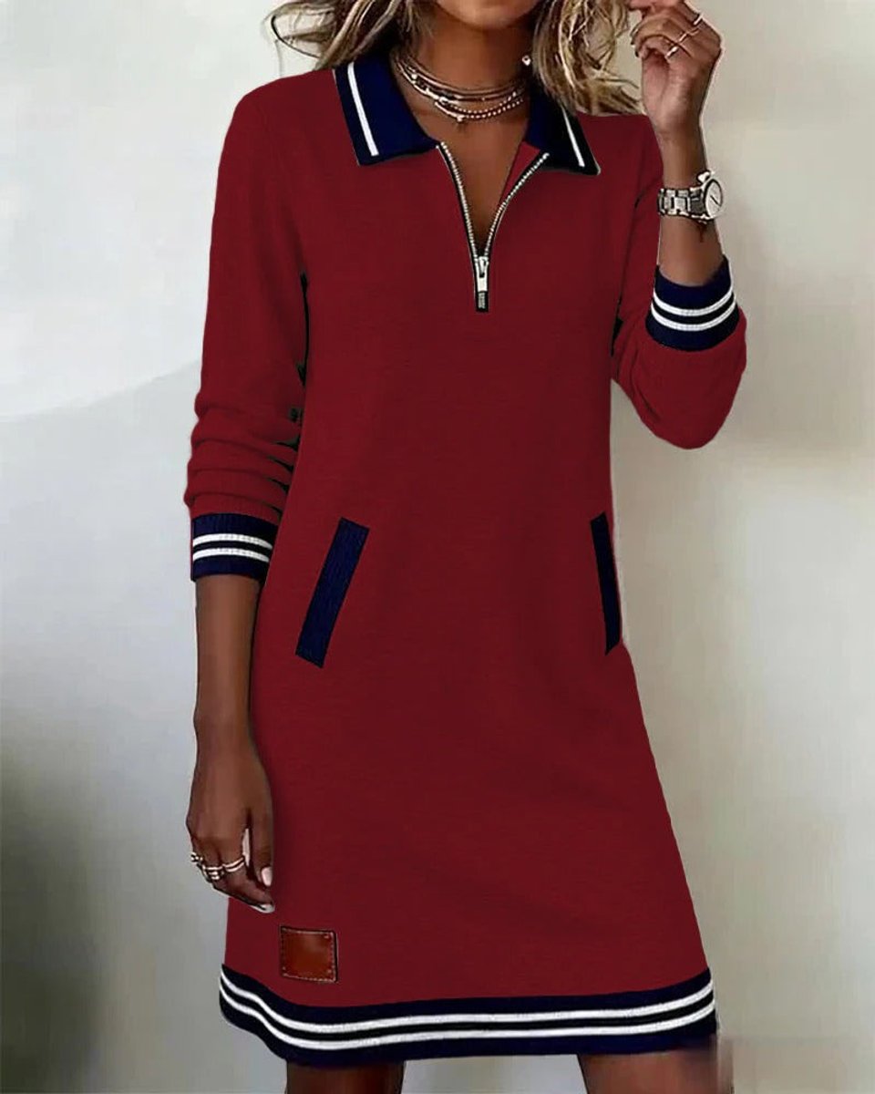 Eva | Dames Long Sleeve Dress Polo Revers Rits Zakken Midi