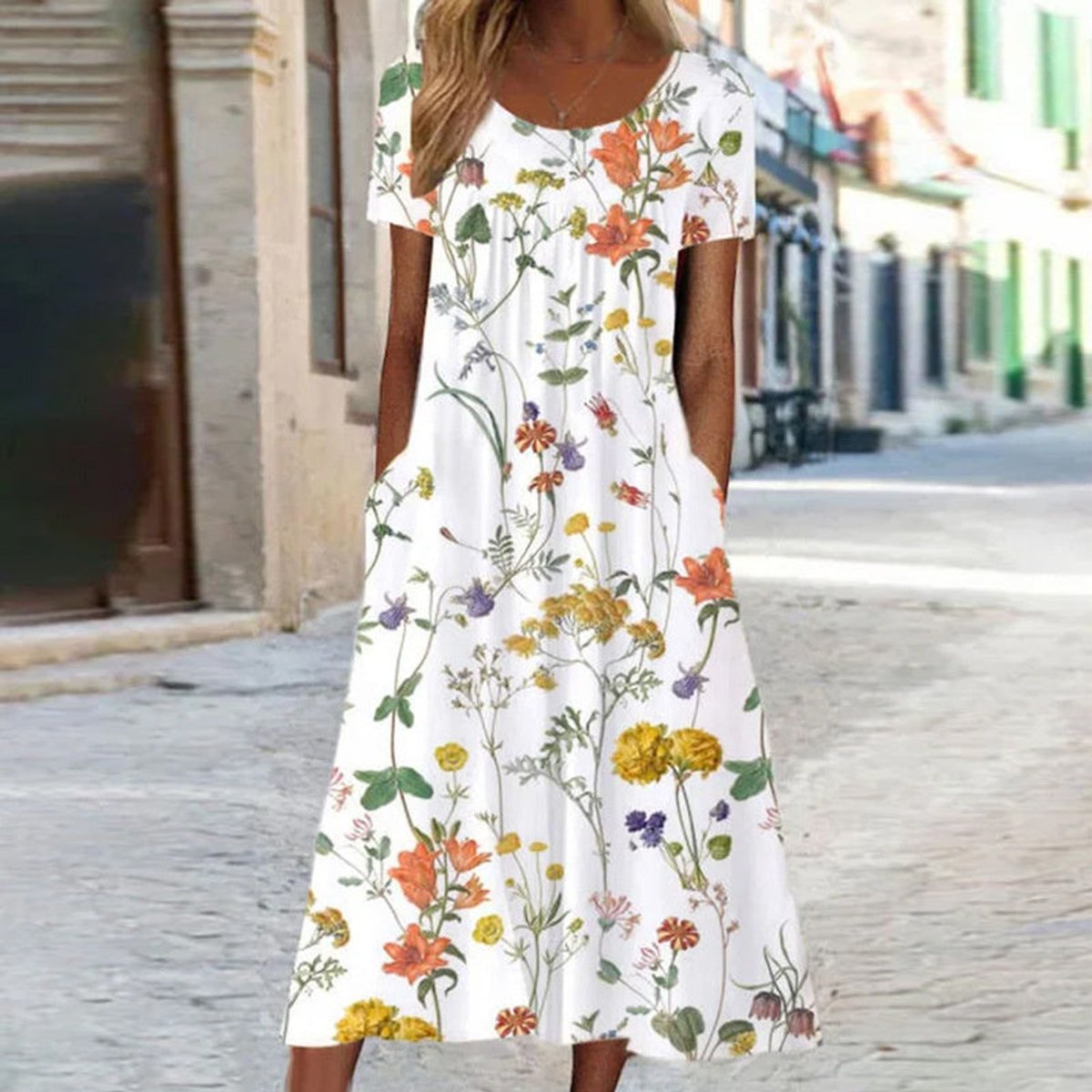 Sophie | Dames Losse Bloemenprint Midi-jurk met Korte Mouwen