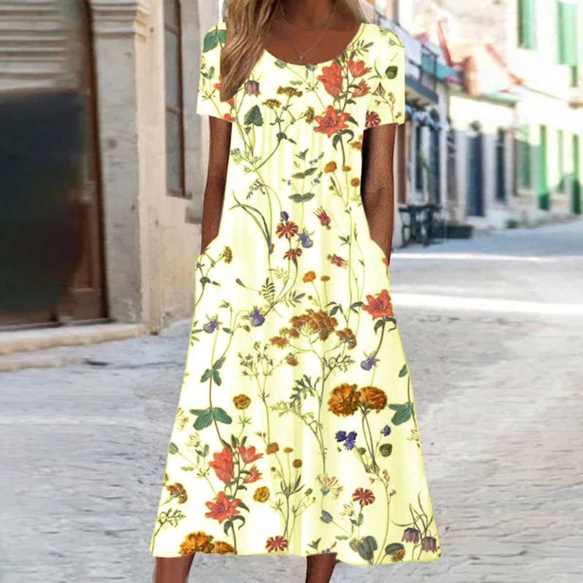 Sophie | Dames Losse Bloemenprint Midi-jurk met Korte Mouwen