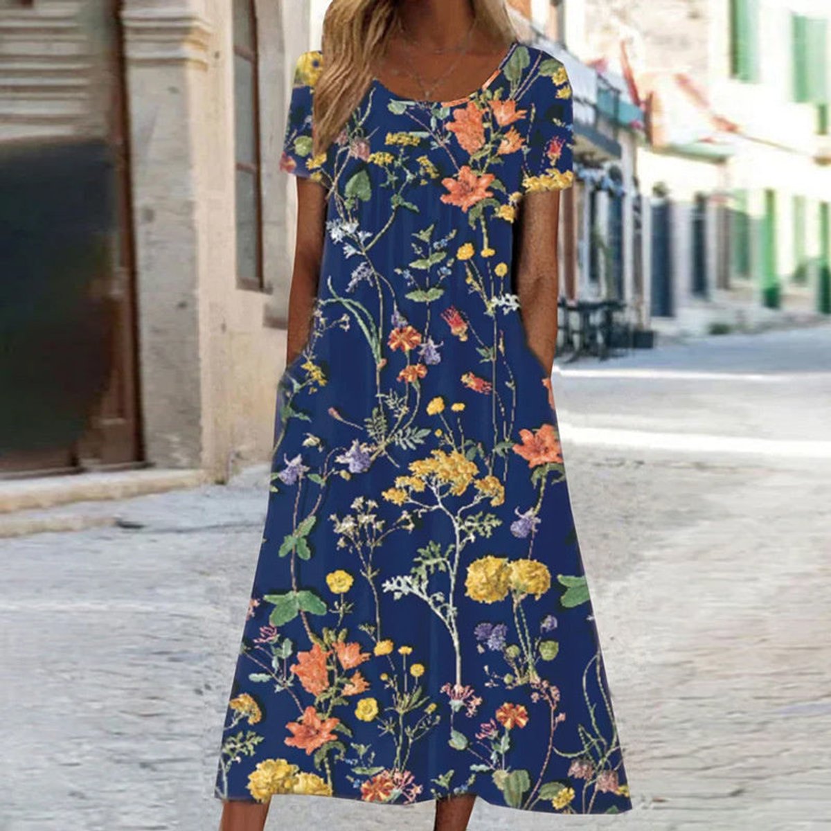 Sophie | Dames Losse Bloemenprint Midi-jurk met Korte Mouwen