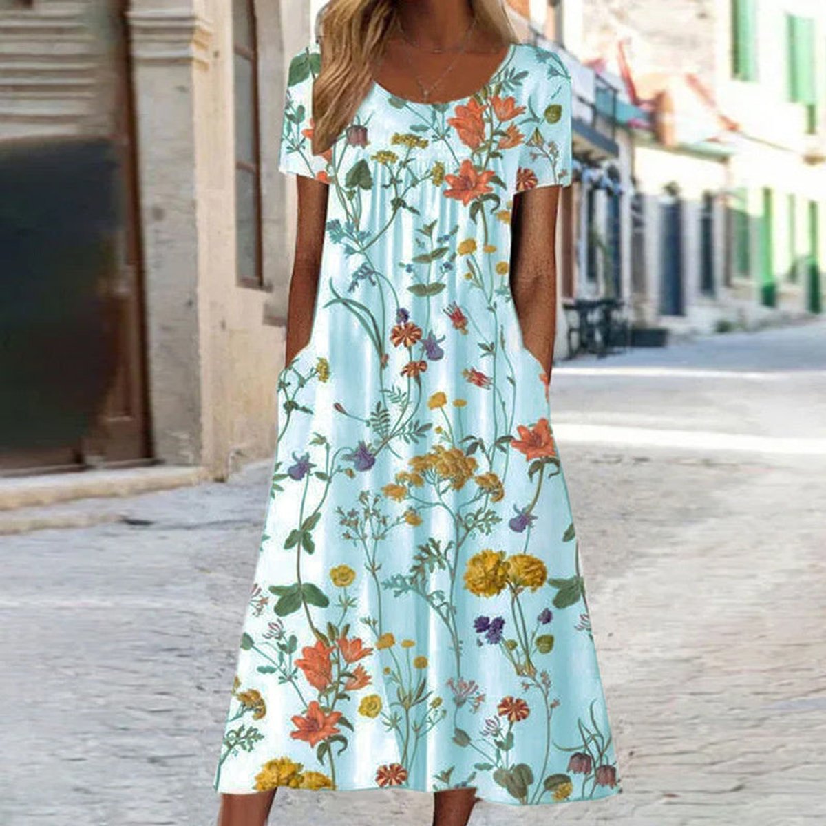 Sophie | Dames Losse Bloemenprint Midi-jurk met Korte Mouwen