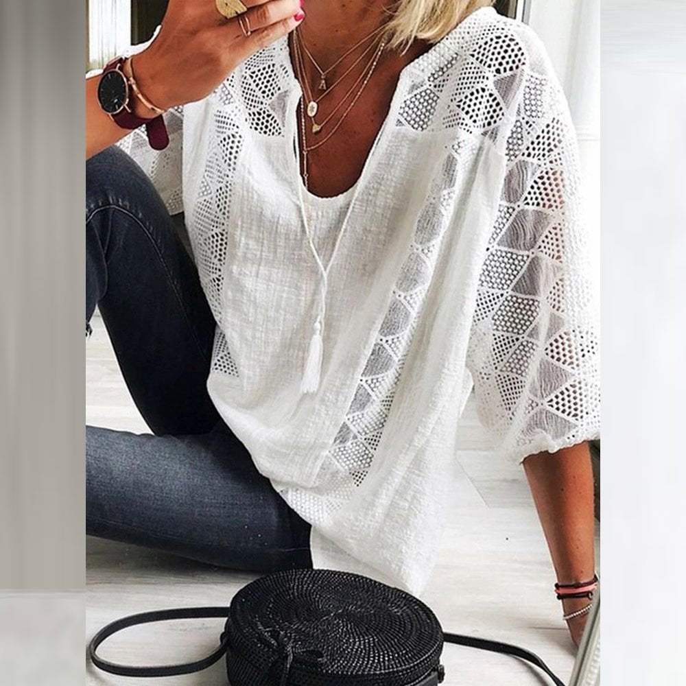 Sanne | Dames Losse Boho Blouse Driekwart Mouw Haakwerk Detail