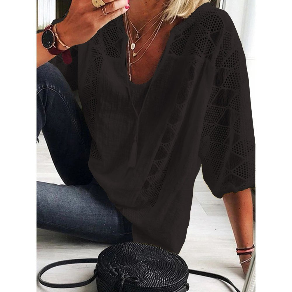 Sanne | Dames Losse Boho Blouse Driekwart Mouw Haakwerk Detail