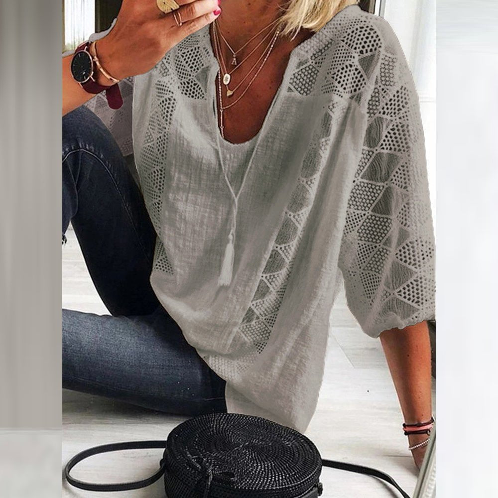 Sanne | Dames Losse Boho Blouse Driekwart Mouw Haakwerk Detail