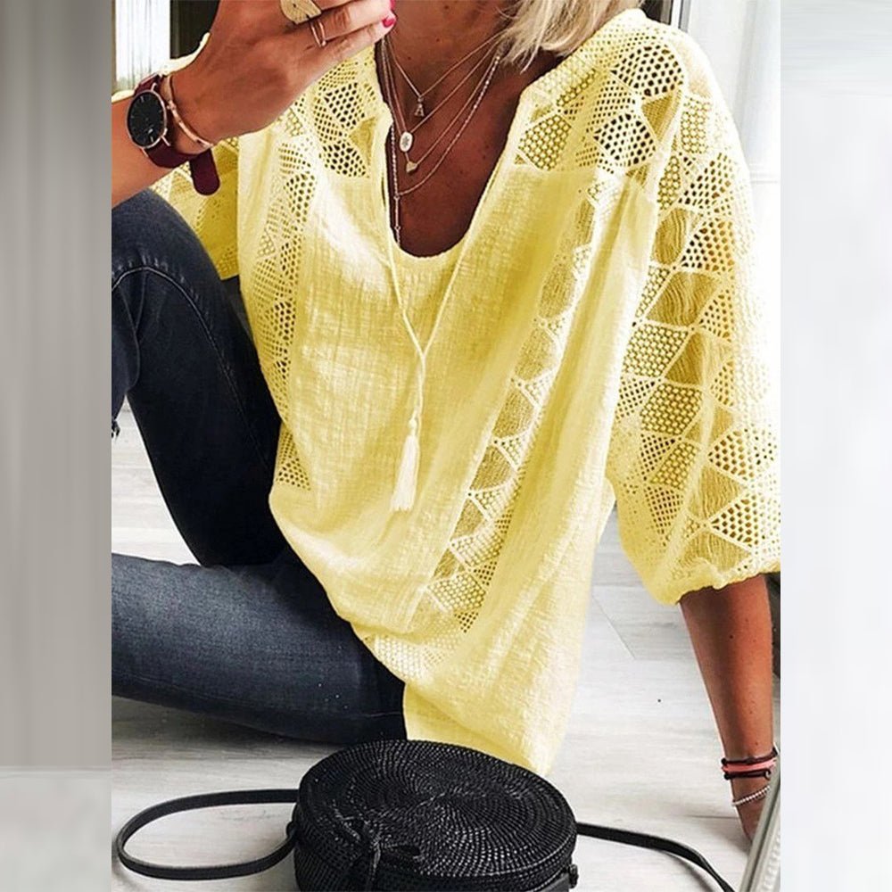Sanne | Dames Losse Boho Blouse Driekwart Mouw Haakwerk Detail